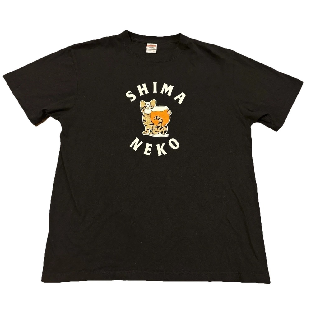 Shima Neko Japanese Cat Beer T-Shirt Black Size XL Graphic‎ Tee Anime Kawaii